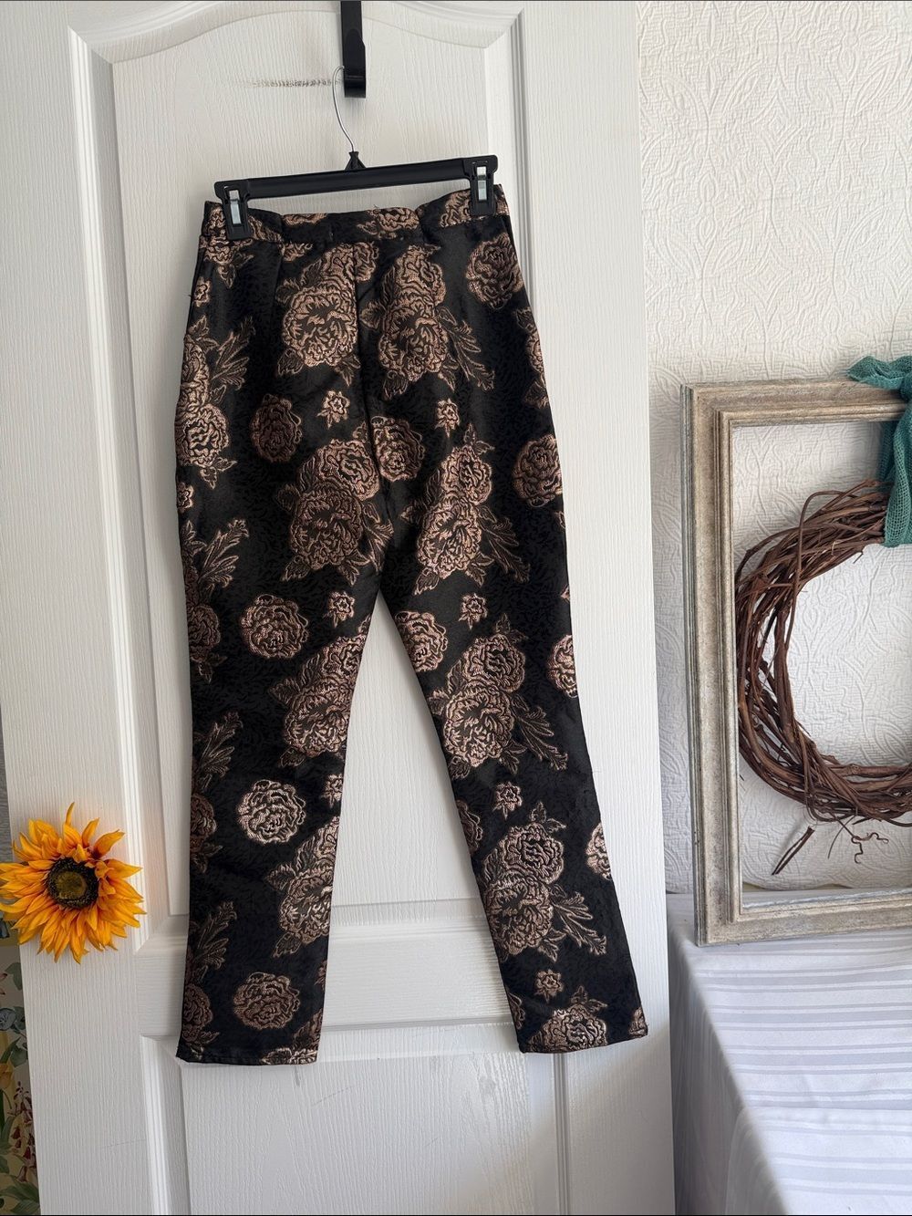 Sage Metallic Floral Straight Leg Pants - Black & Gold - Picture 6 of 8